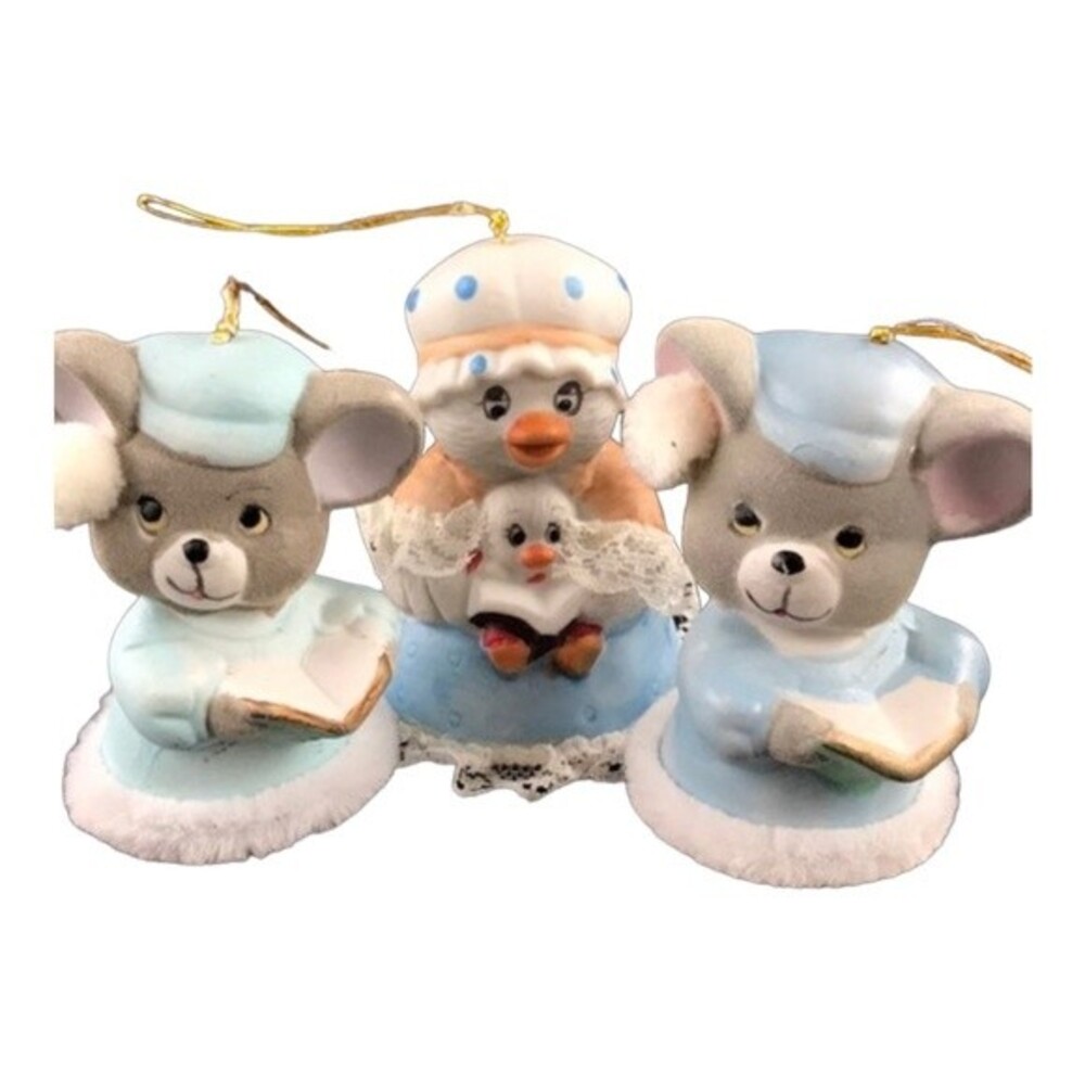 Vintage 80s Jasco Critter Hand Painted Porcelain Bear Duck Ornament Bells 3 Set